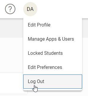 a user's initials being selected and the Log Out option in the menu
