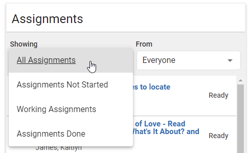 choices in the Showing drop-down list in the Assignments list