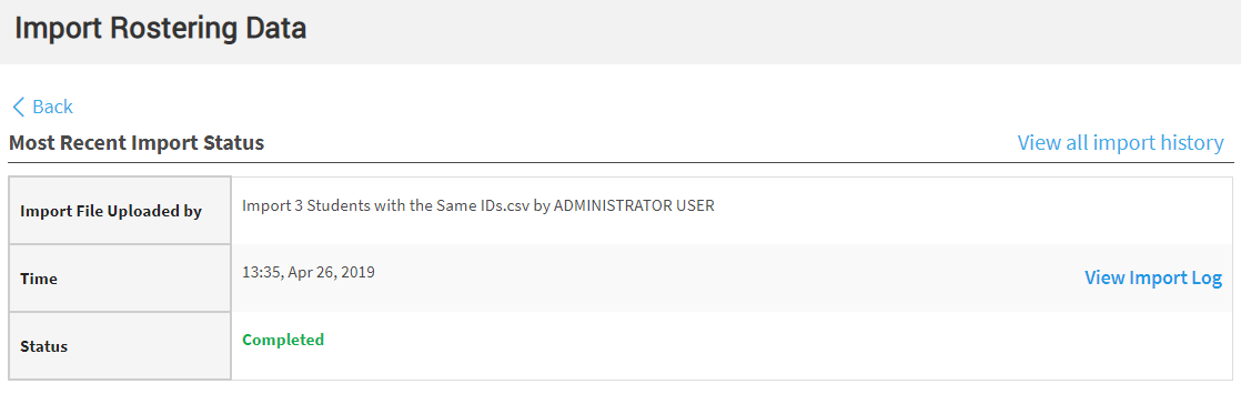 example of the import status for the most recent import