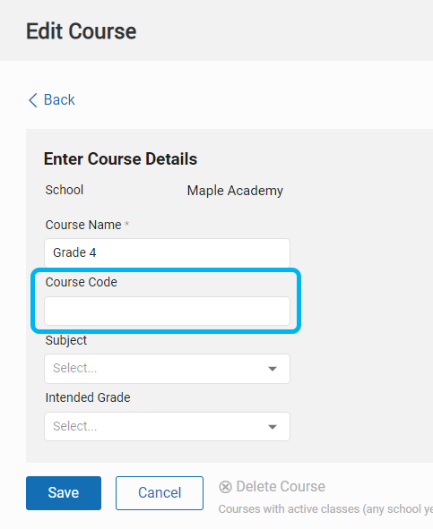 the course code field on the Edit Course page