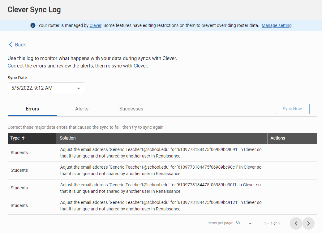 example of messages on the Errors tab