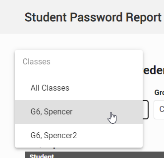 an example of a list of classes in the drop-down list