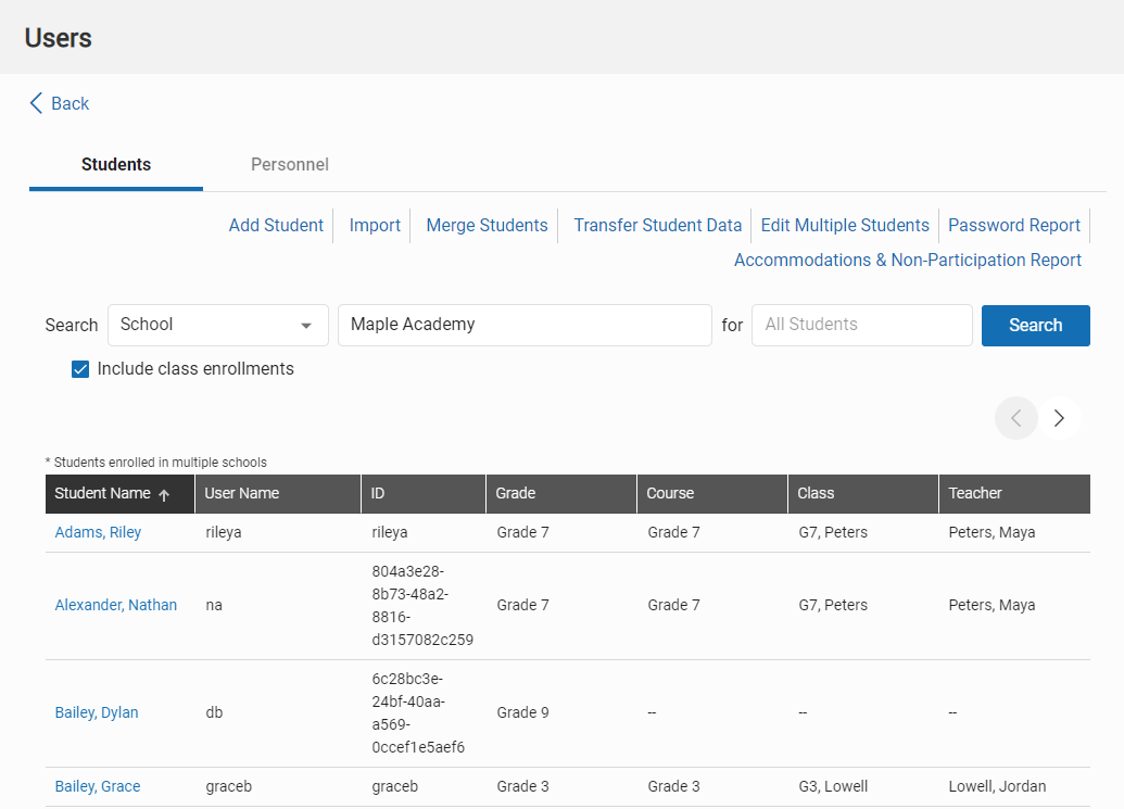 example of student search results with class enrollments included