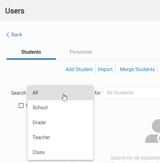 the Search drop-down list options