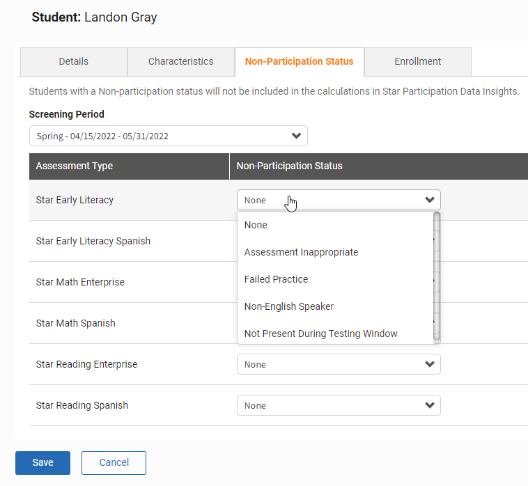 select a status for each assessment that the student will not be taking