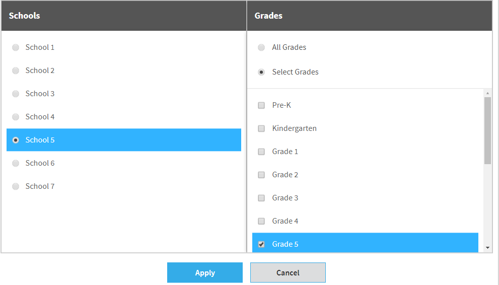 the selection window with a school and grade selected