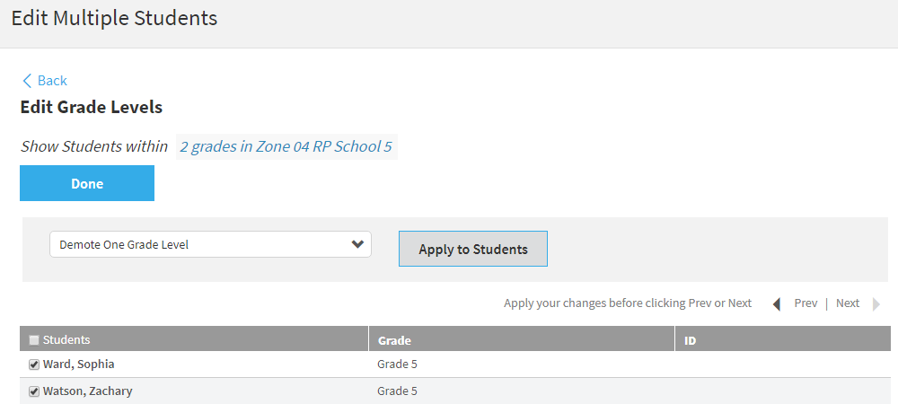the Edit Grade Levels page with the drop-down list