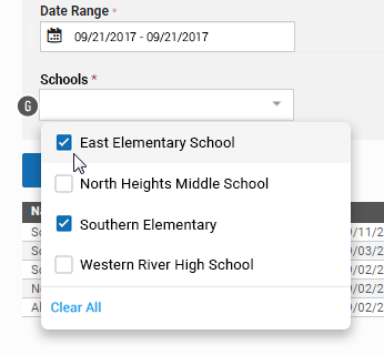 In the Schools drop-down list, check the schools you want to apply the days off to. Use the Clear All link at the bottom of the list to de-select all the schools at once.