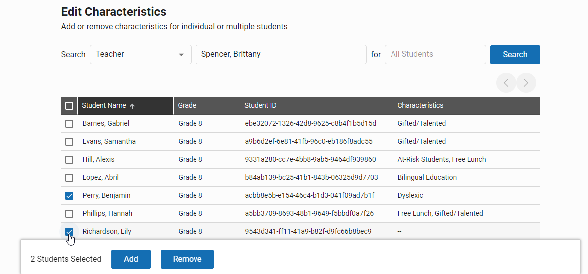 some students in the list checked with the Add and Remove buttons below the list