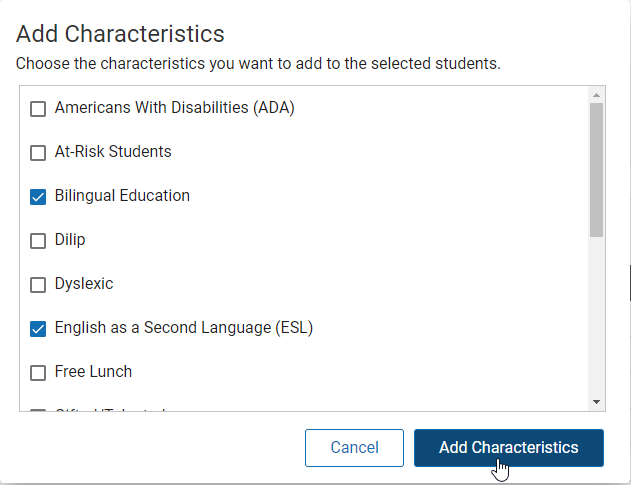 the Add Characteristics window with two characteristics checked