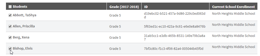 a list of students with the boxes checked
