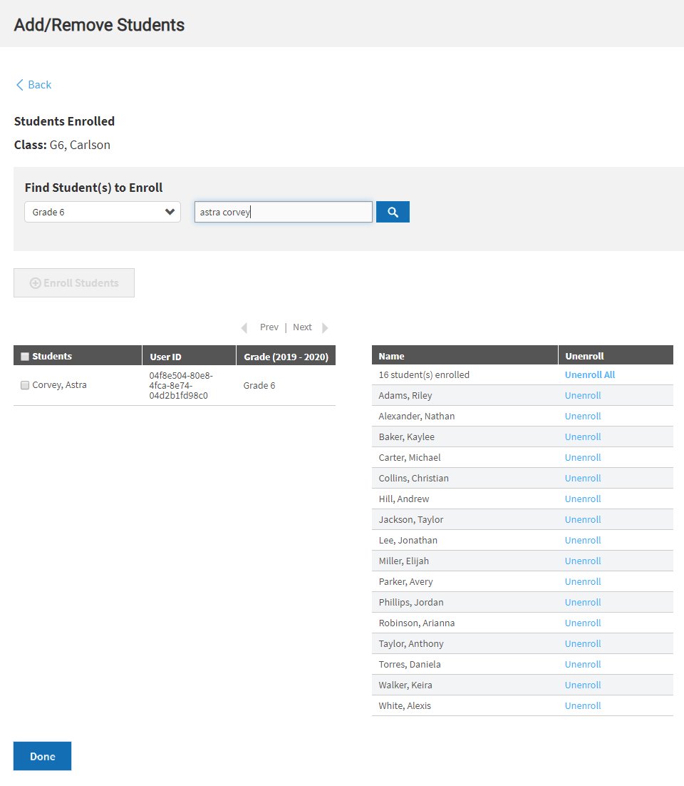 the Add/Remove Students page with a search for one students and a list of the students already enrolled in the class