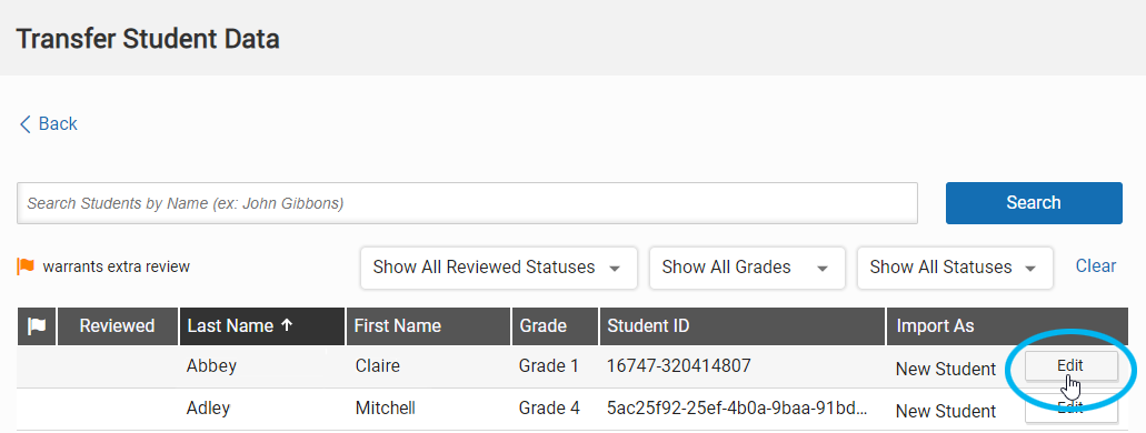 select Edit to verity a student's match