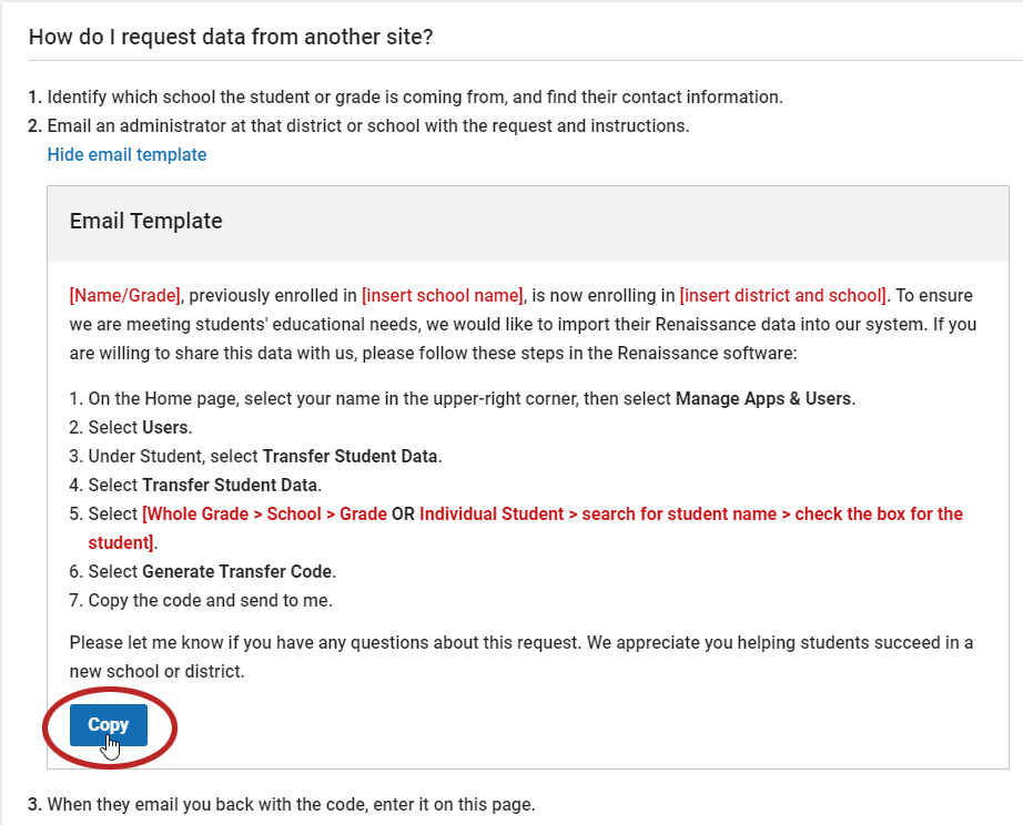 the email template and the Copy button