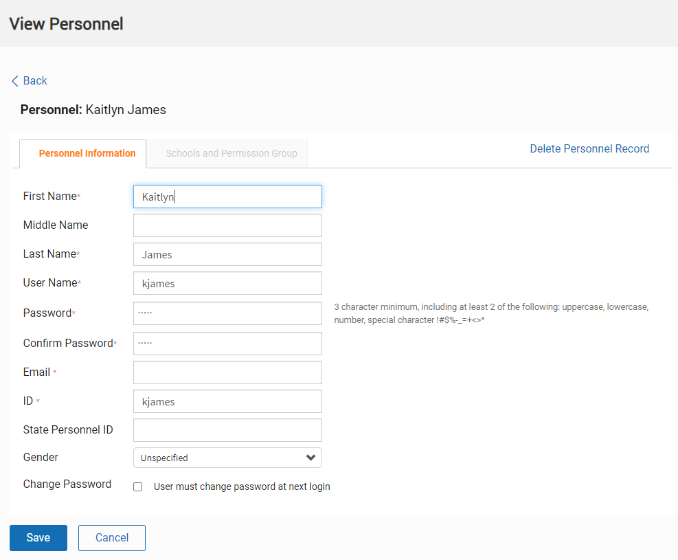 example of the view personnel page with a teacher's information
