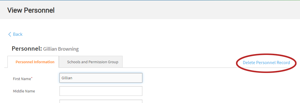 the Delete Personnel Record link