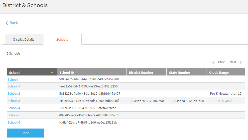 a list of schools on the Schools tab