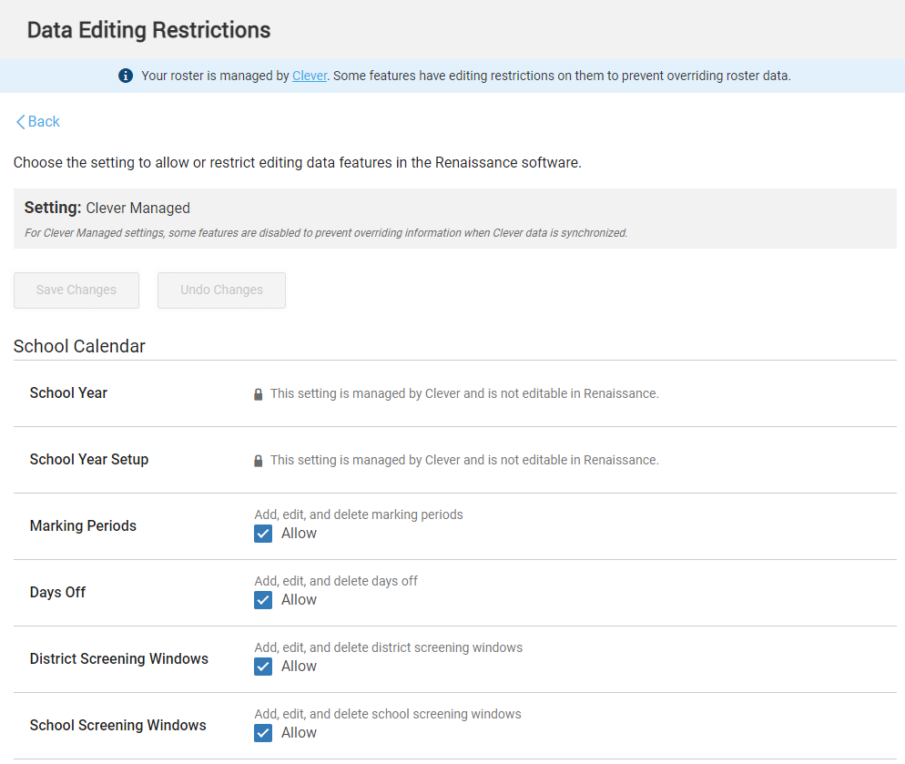 example of the Data Editing Restrictions page when Renaissance software is integrated with Clever