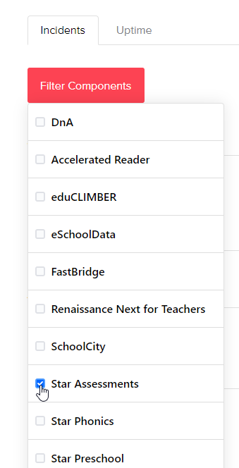the Filter Components drop-down list with some products checked