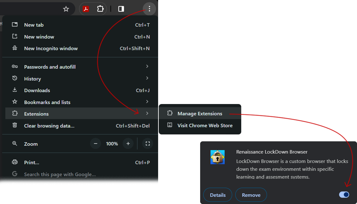 The three-dot menu in Chrome has been selected, and Extensions and Manage Extensions have been selected off sub-menus. The panel for the Renaissance LockDown Browser extension is shown, and toggled on.