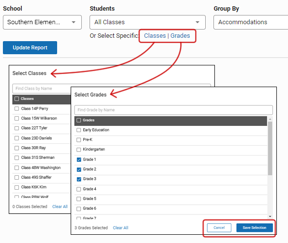 The Select Classes and Select Grades pop-up windows, showing the options that can be selected. the Cancel and Save Selection buttons are at the bottom.