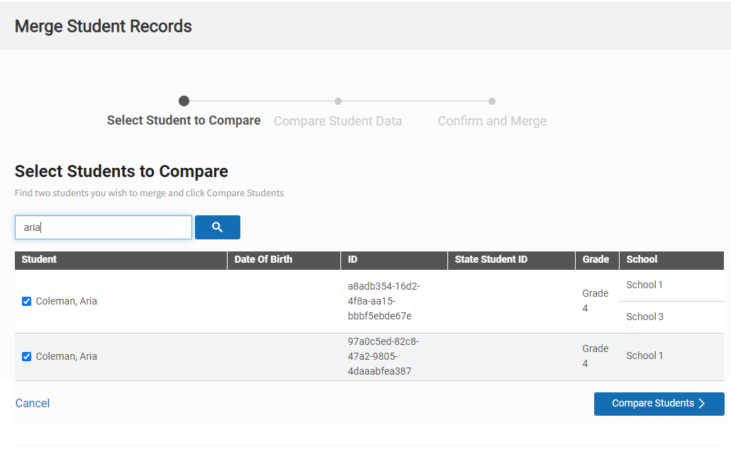 an example of duplicate student records checked in the search results