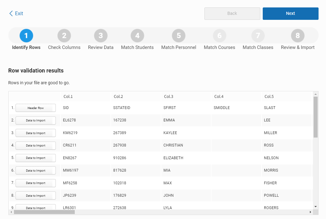 example of data on the Identify Rows page