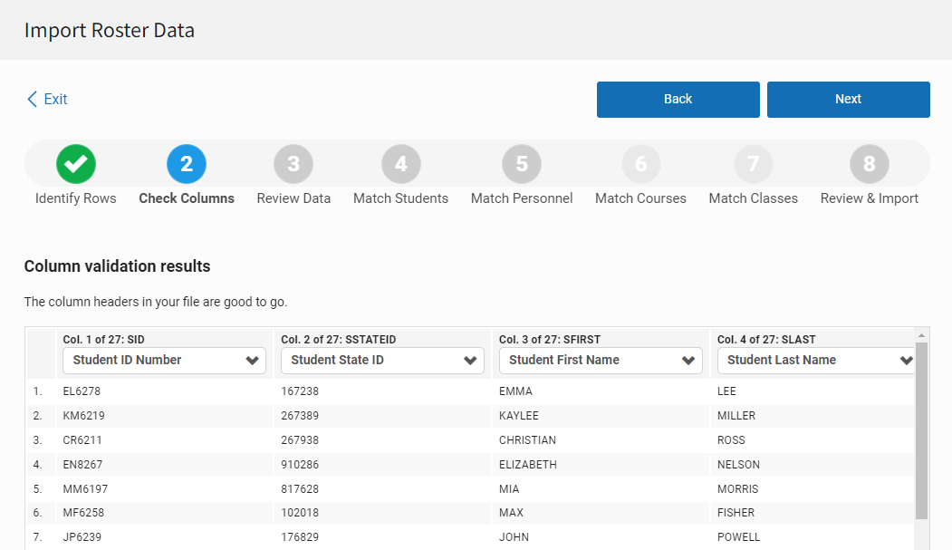example of data on the Identify Columns page