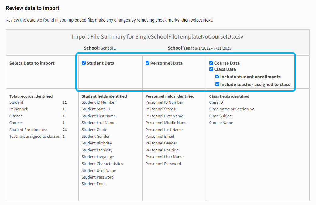 an example of the summary table