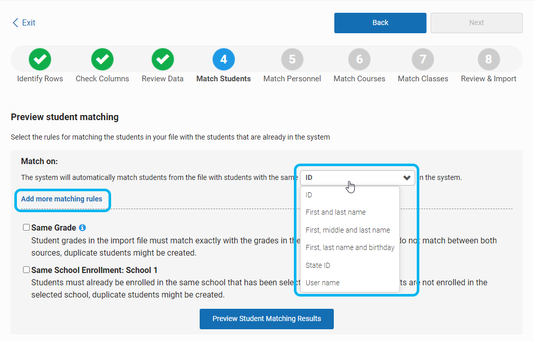 student matching options