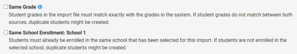 check boxes for matching by grade and school enrollment