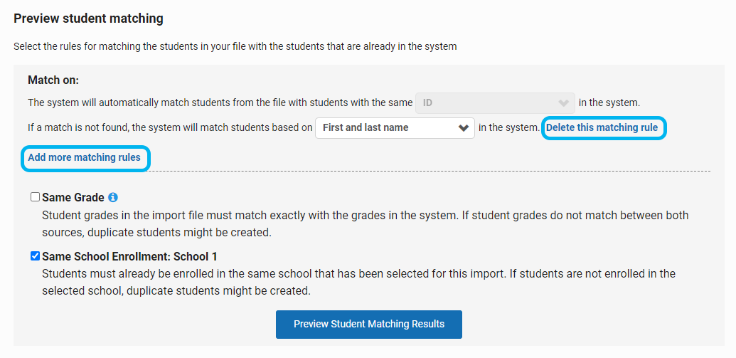 the links for adding and deleting matching rules