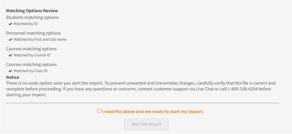 example of selected matching options
