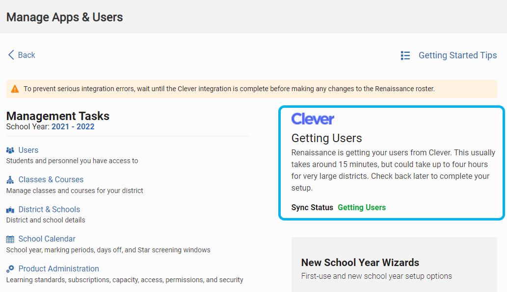 example of the Clever integration status on the Manage Apps and Users page