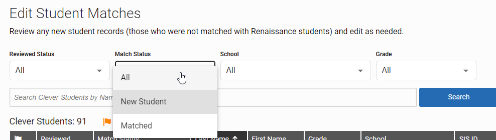 the Match Status drop-down list