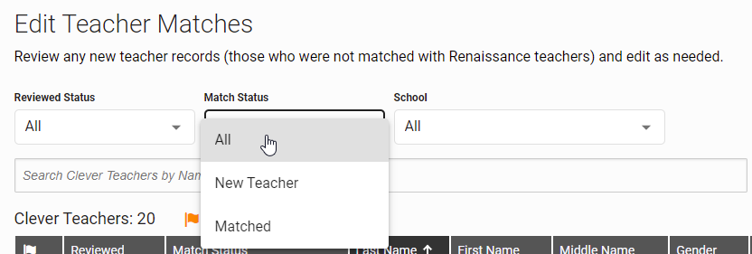 the options in the Match Status drop-down list