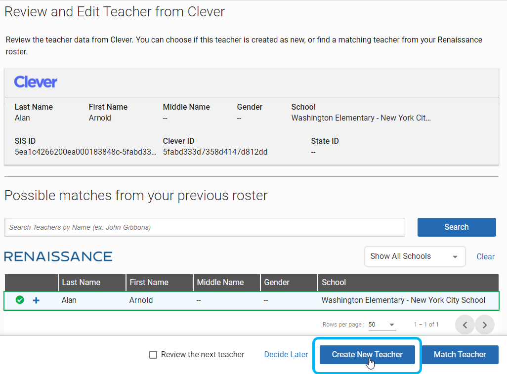 the Create a New Teacher button