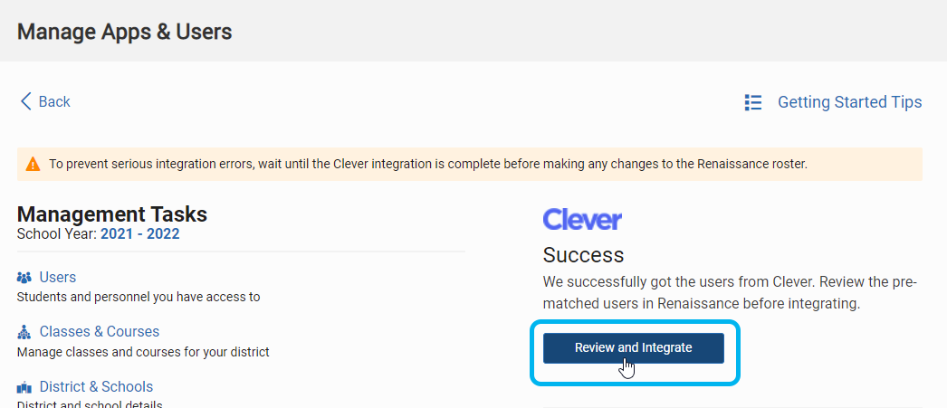 the integration Success message and the Review and Integrate button
