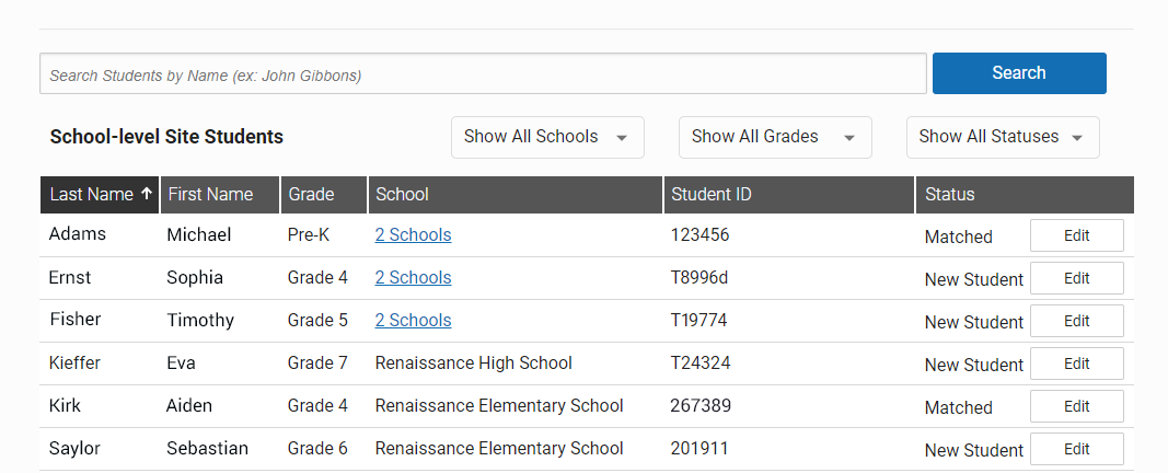 example of a list of students and their matching status