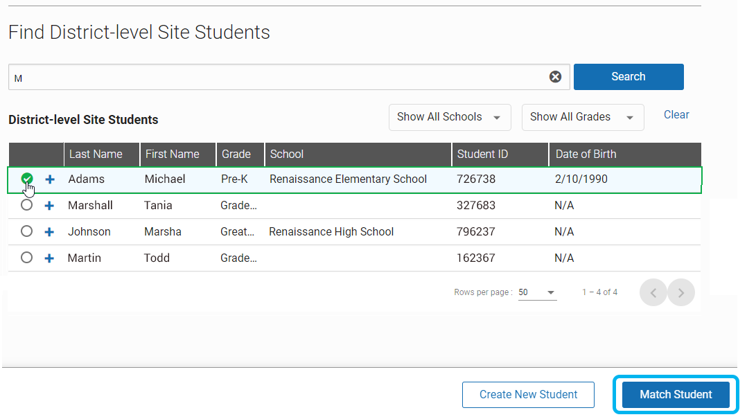 example of a selected match and the Match Student button