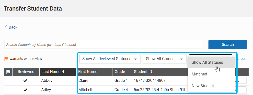 the drop-down lists for narrowing the list to students who meet certain criteria