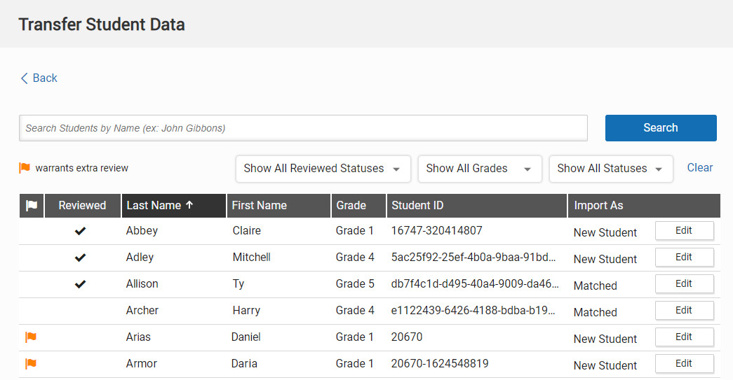 example of a list of students being transferred and their matching and review status