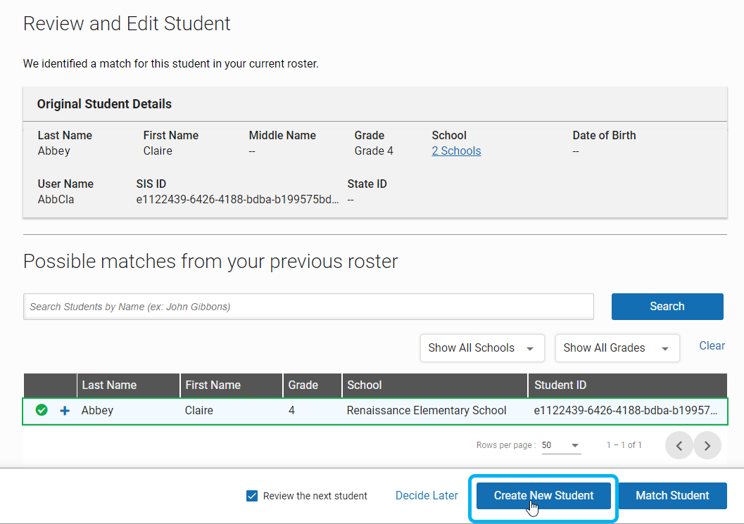 the Create New Student button