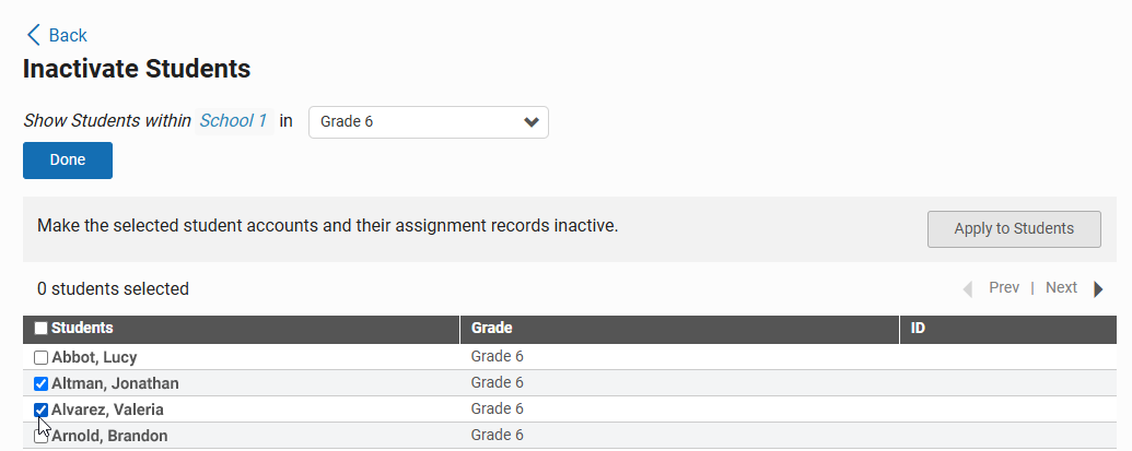 the check boxes next to the students