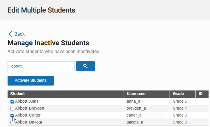 the check boxes next to student names