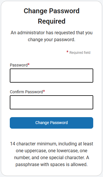 the Change Password message and password fields seen by personnel after logging in