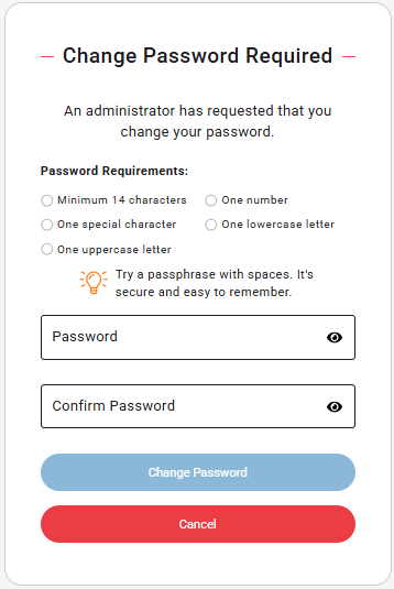a second example of the Change Password message and password fields seen by personnel after logging in