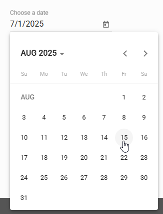an example of the date field selected and a date being selected in the popup calendar